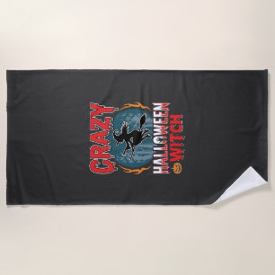 Crazy Halloween Witch Flying Broom Horror Design Beach Towel