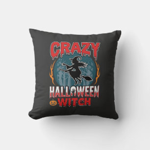 Crazy Halloween Witch Flying Broom Horror Design Cushion