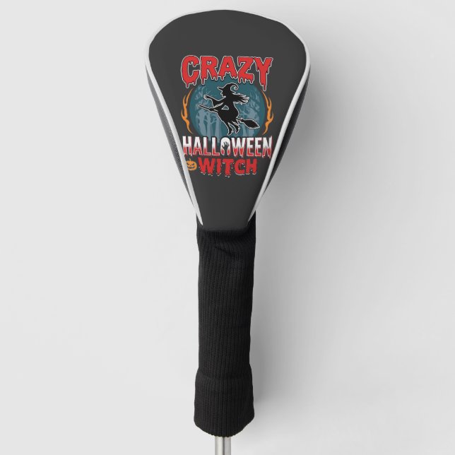 Crazy Halloween Witch Flying Broom Horror Design Golf Head Cover (Front)