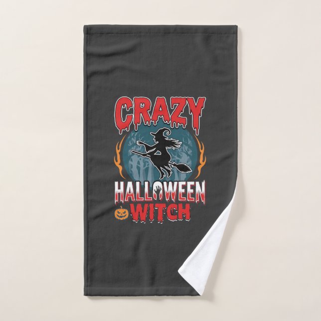 Crazy Halloween Witch Flying Broom Horror Design Hand Towel (Hand Towel)