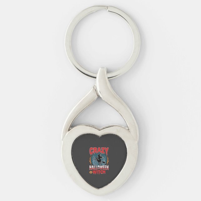 Crazy Halloween Witch Flying Broom Horror Design Key Ring (Front)