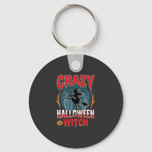 Crazy Halloween Witch Flying Broom Horror Design Key Ring