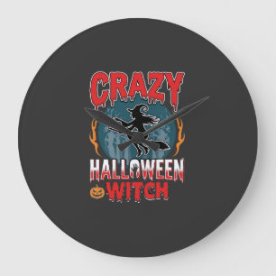 Crazy Halloween Witch Flying Broom Horror Design Large Clock