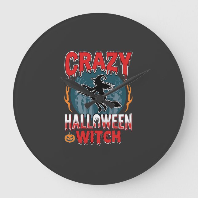 Crazy Halloween Witch Flying Broom Horror Design Large Clock (Front)