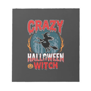 Crazy Halloween Witch Flying Broom Horror Design Notepad