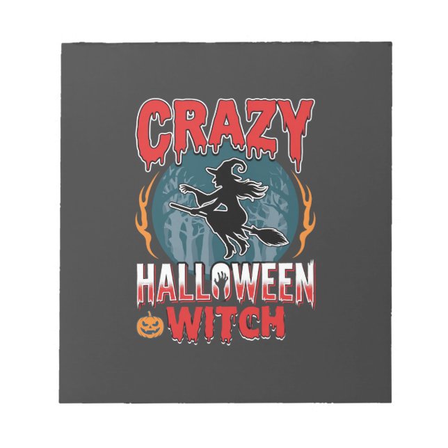 Crazy Halloween Witch Flying Broom Horror Design Notepad (Front)