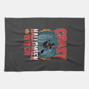 Crazy Halloween Witch Flying Broom Horror Design Tea Towel