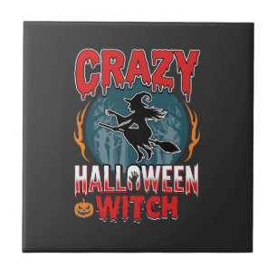 Crazy Halloween Witch Flying Broom Horror Design Tile
