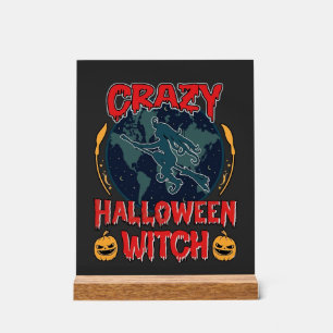 Crazy Halloween Witch Pumpkin Flying Moon Spooky N Acrylic Sign