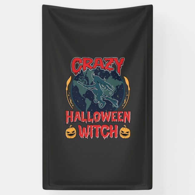 Crazy Halloween Witch Pumpkin Flying Moon Spooky N Banner (Vertical)