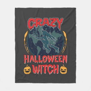 Crazy Halloween Witch Pumpkin Flying Moon Spooky N Fleece Blanket
