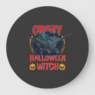 Crazy Halloween Witch Pumpkin Flying Moon Spooky N Large Clock
