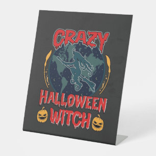 Crazy Halloween Witch Pumpkin Flying Moon Spooky N Pedestal Sign