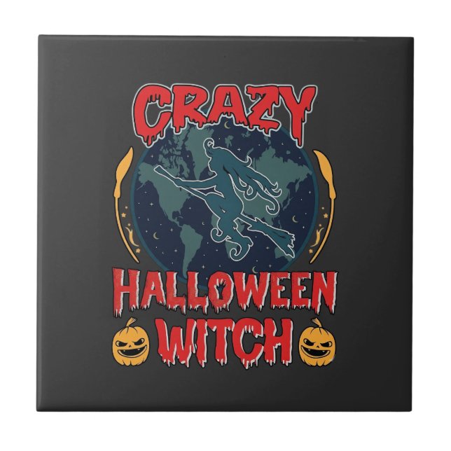 Crazy Halloween Witch Pumpkin Flying Moon Spooky N Tile (Front)