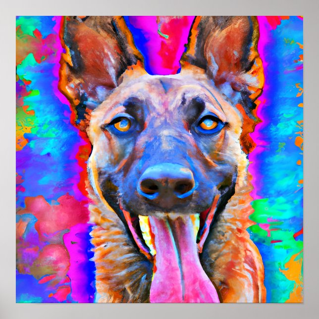 Crazy Happy Belgian Malinois Dog Art Portrait  Poster (Front)