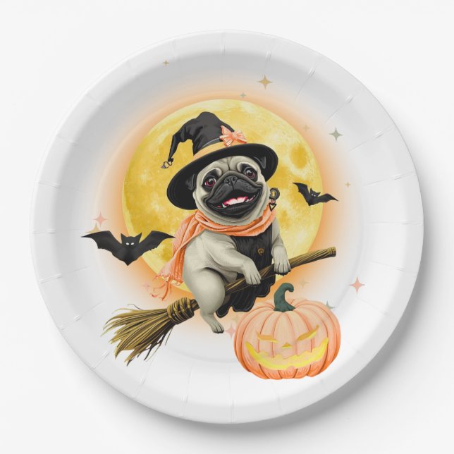 Crazy Happy Halloween Pug Riding a Flying Broom Ca Paper Plate (Front)