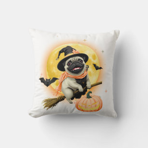 Crazy Happy Halloween Pug Riding a Flying Broom . Cushion