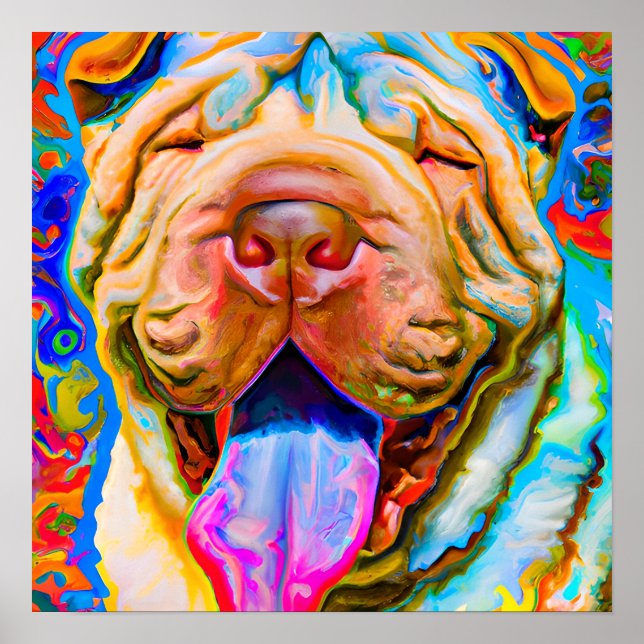 Crazy Happy Shar-Pei Dog Art Portrait Poster (Front)