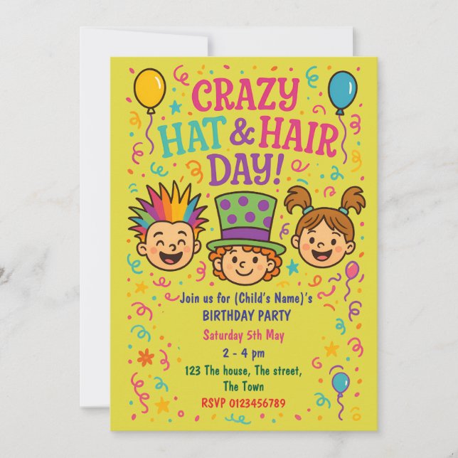 Crazy Hat & Hair Day Kids Birthday Party Invitation (Front)