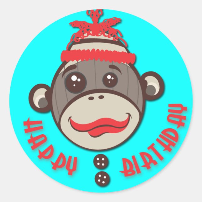 Crazy hat Sock Monkey Happy Birthday Stickers (Front)