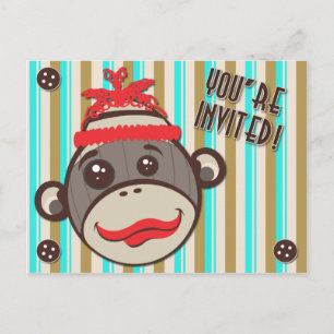 Crazy Hat Sock Monkey You're Invited  Postcard