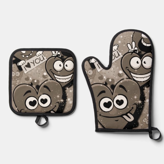 Crazy Hearts Oven Mitt & Pot Holder Set (Front)