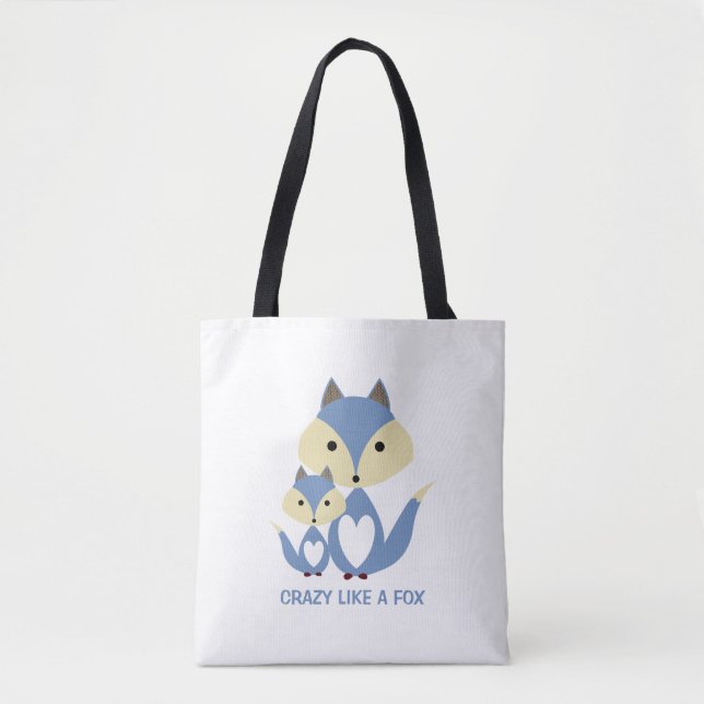 Crazy Like a Fox, Blue Fox Burlap Tote Bag (Front)