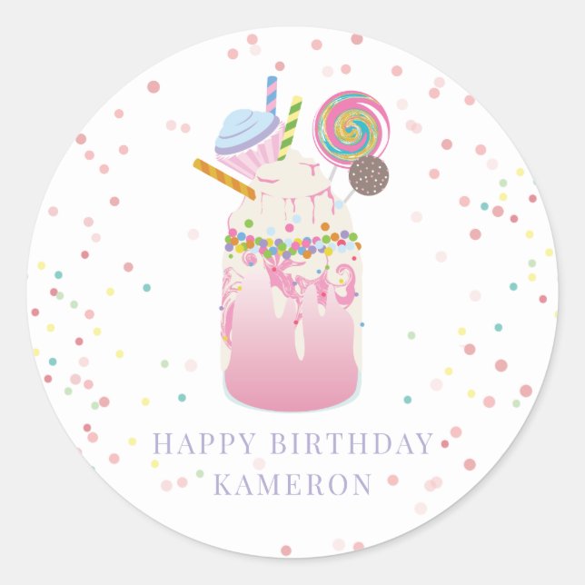 Crazy Milkshake Pink Candy Cupcake Birthday Party Classic Round Sticker (Front)