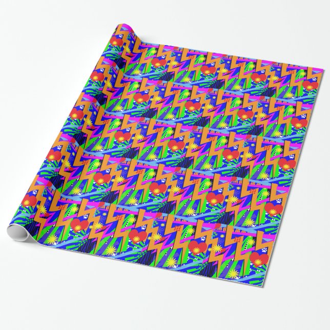 Crazy Neon 90s Pattern Wrapping Paper (Unrolled)