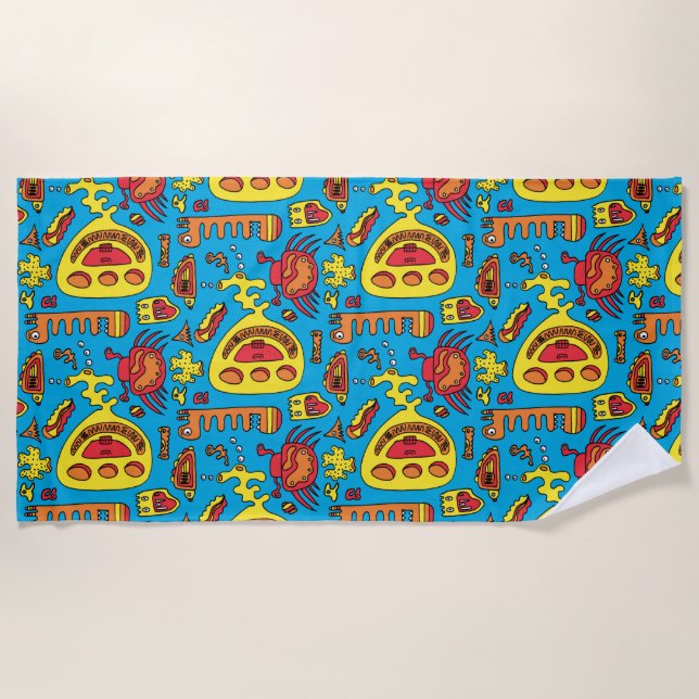 Crazy Ocean Creatures and Yellow Submarine  Beach Towel (Front)