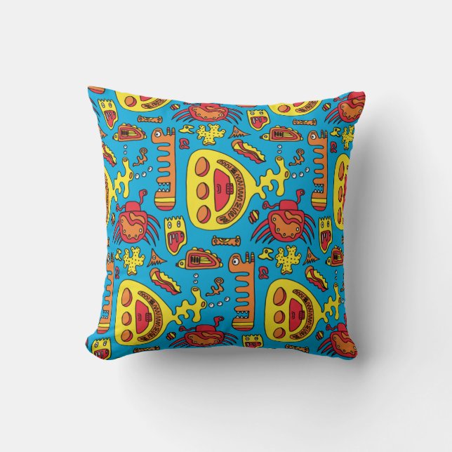 Crazy Ocean Creatures and Yellow Submarine  Silver Cushion (Front)