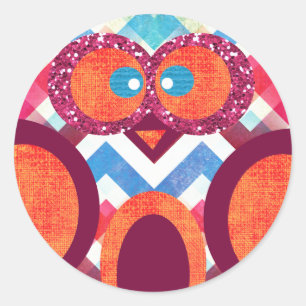 Crazy Owl Colourful Chevron Purple Orange Pink Blu Classic Round Sticker