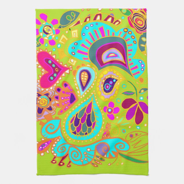 Crazy Paisley Towel in LIME green, pink, aqua (Vertical)