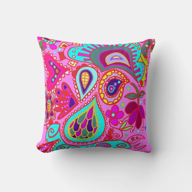 Crazy Paisley TWO sided PINK & PURPLE Throw Cushion (Front)