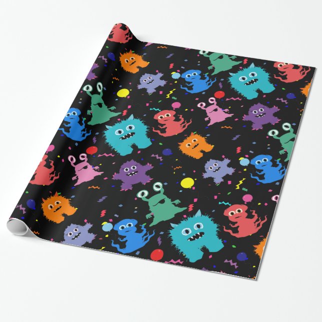 Crazy Party Monster Pattern Birthday Black Wrapping Paper (Unrolled)