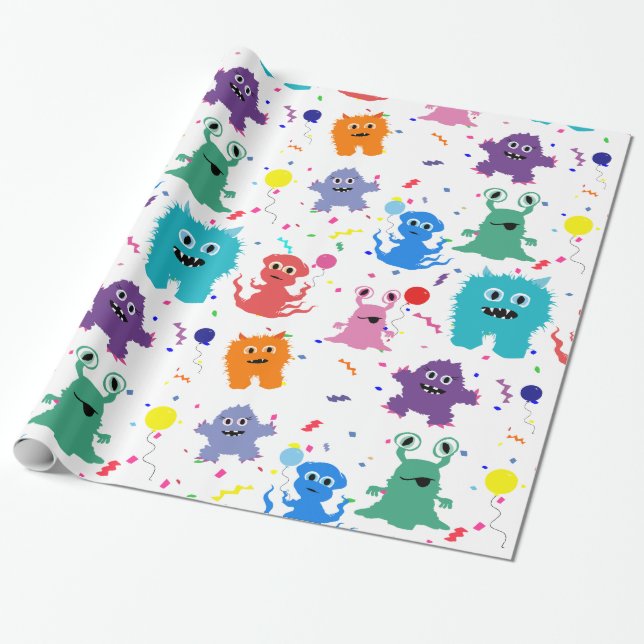 Crazy Party Monster Pattern Colourful Birthday Wrapping Paper (Unrolled)