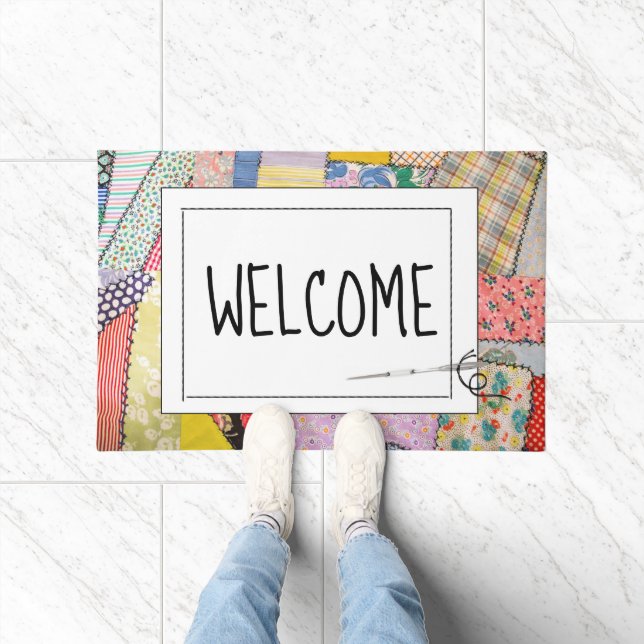 Crazy Patchwork Quilt With Welcome Text Doormat (Indoor)