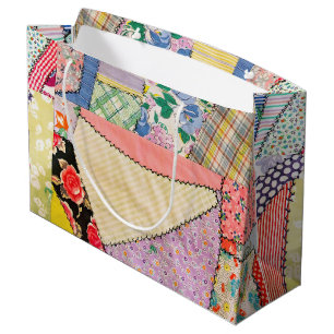 Crazy Patchwork Quilt With Zigzag Stitching Large Gift Bag