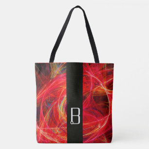 CRAZY PHOTON BLACK STRIPE MONOGRAM Red Fractals Tote Bag