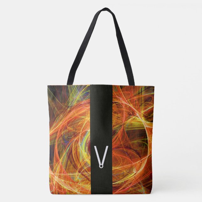 CRAZY PHOTON BLACK STRIPE MONOGRAM Yellow Fractals Tote Bag (Front)