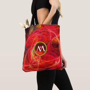 CRAZY PHOTON  GEM MONOGRAM Red Orange Fractals Tote Bag