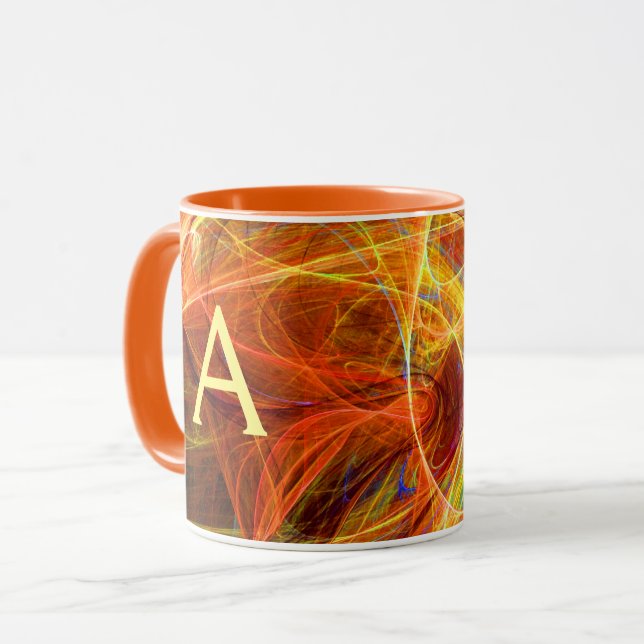 CRAZY PHOTON Orange Yellow Fractal Swirls Monogram Mug (Front Left)