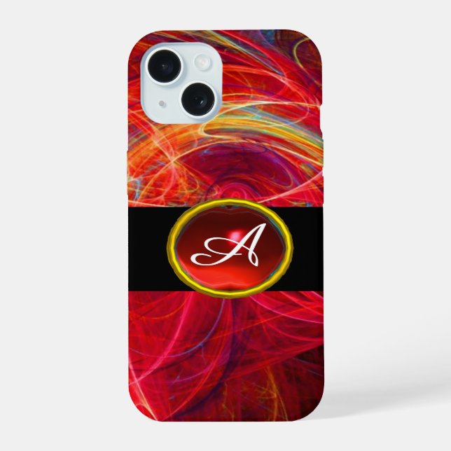 CRAZY PHOTON RED RUBY GEM STONE MONOGRAM iPhone 15 CASE (Back)