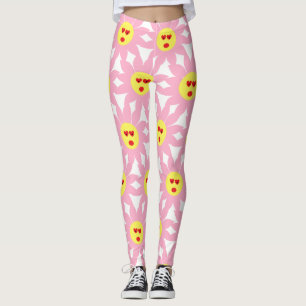 Crazy Pink Flower with Red Heart Eyes Leggings