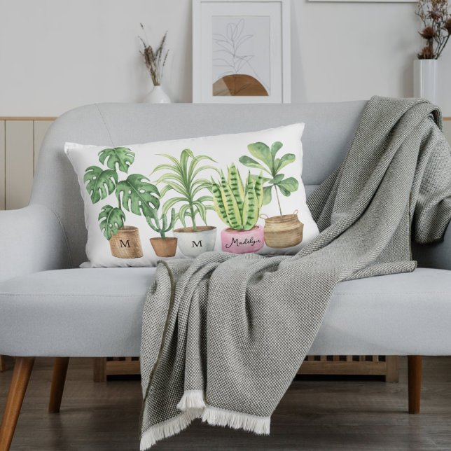 Crazy Plant Lady | Chic Potted Plants Watercolor Lumbar Cushion (Creator Uploaded)