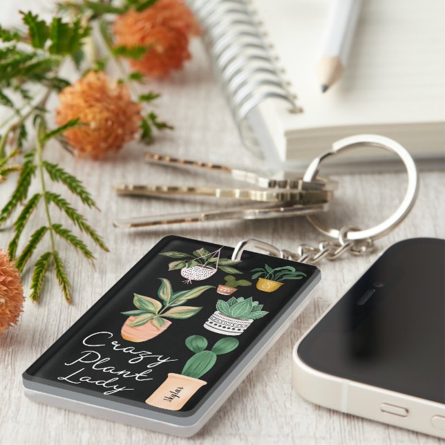 Crazy Plant Lady | Chic Watercolor Potted Plants Key Ring (Front Right)