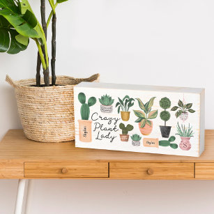 Crazy Plant Lady   Chic Watercolor Potted Plants Wooden Box Sign