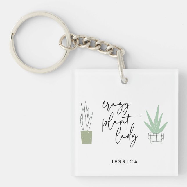 Crazy Plant Lady Plant Lovers Script Drawing Key Ring (Front)