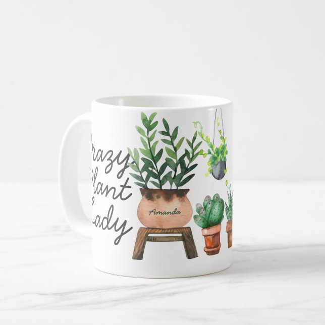 Crazy Plant Lady Watercolor Potted Plants Coffee Mug (Front Left)