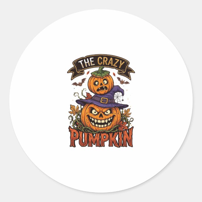 Crazy Pumpkin Halloween Witch Hat Bats Classic Round Sticker (Front)